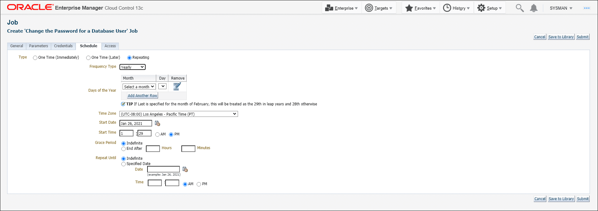 Graphic shows the Job schedule page for the non-dbsnmp user. Graphic shows the Job schedule page for the non-dbsnmp user.
