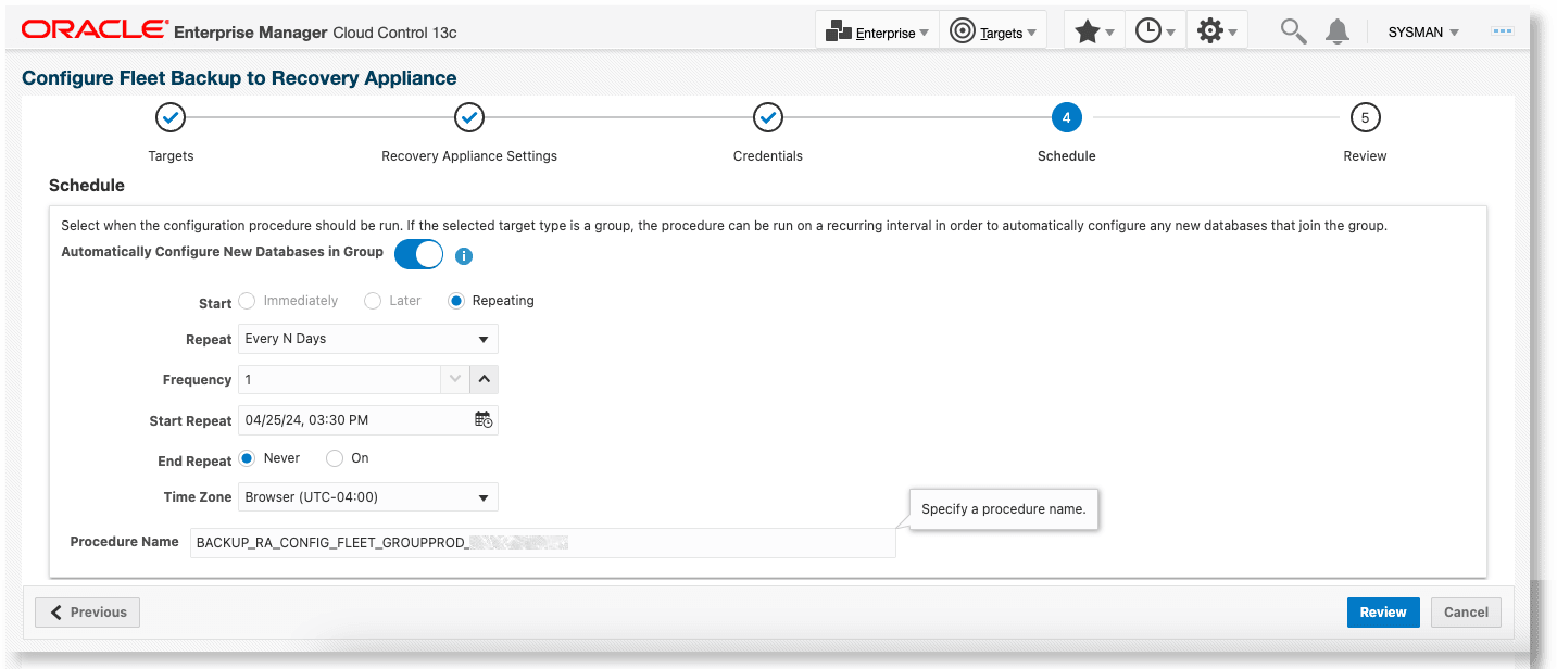 Recurring Configuration of a Group of Databases to Backup to a Recovery Appliance - Schedule page