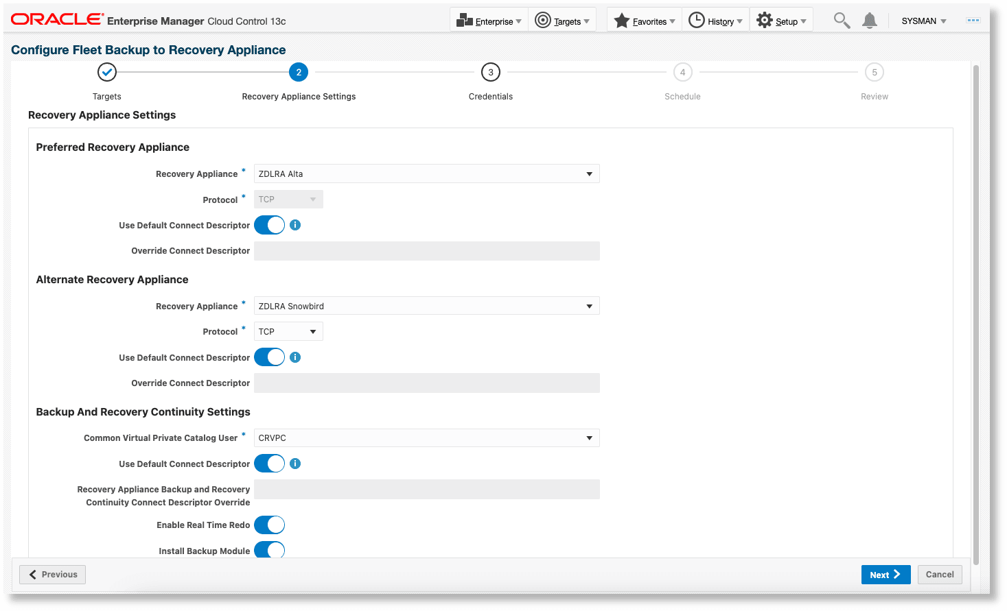 Configure Non-Data Guard Databases for Recovery Appliance Backup and Recovery Continuity - RA settings page