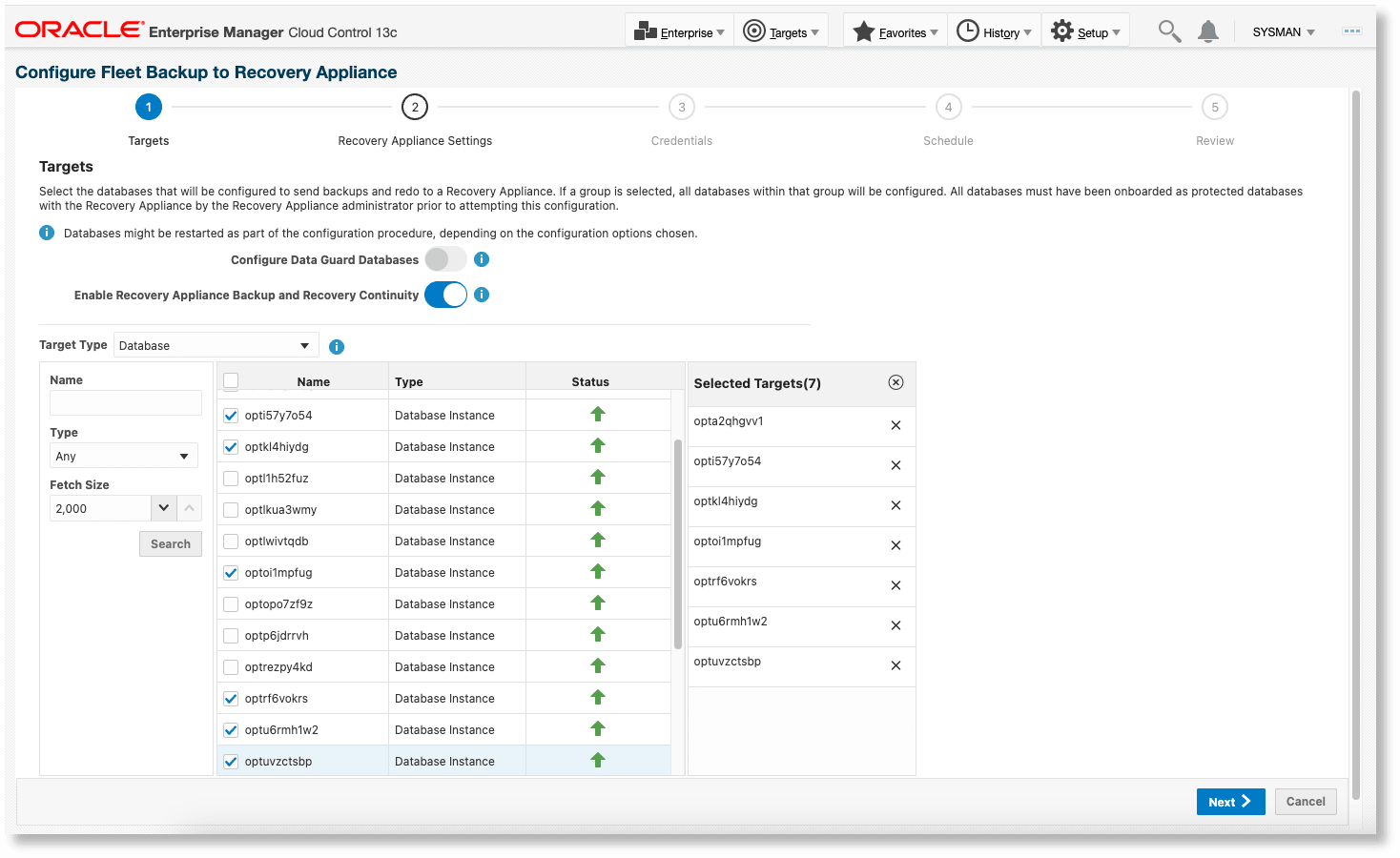 Configure Non-Data Guard Databases for Recovery Appliance Backup and Recovery Continuity - targets page