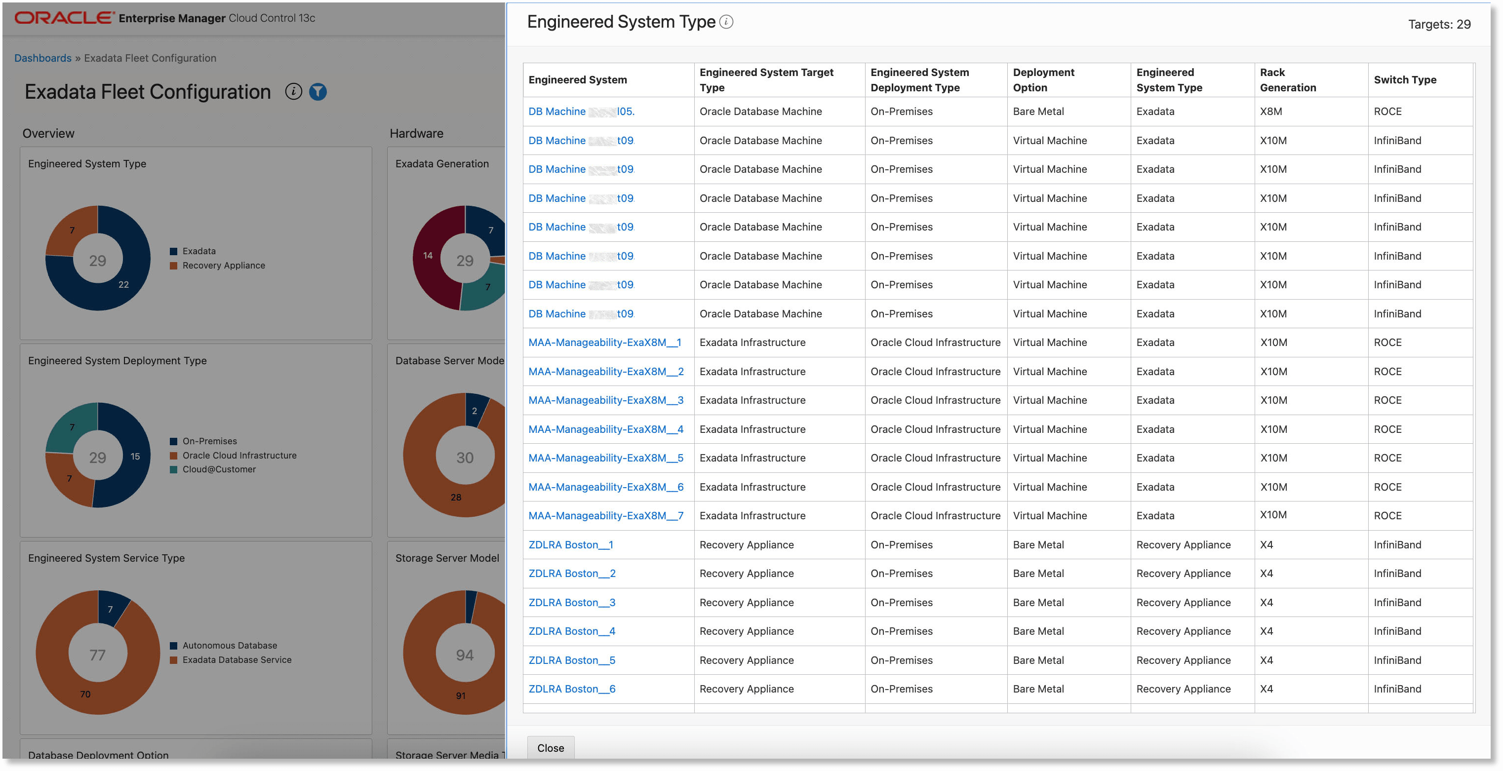 details displayed when the number at the center of the Engineered System Type ring chart is clicked details displayed when the number at the center of the Engineered System Type ring chart is clicked