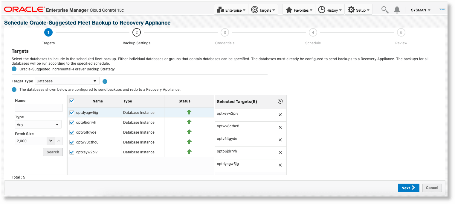 Schedule Backup for Individual Databases - Targets page Schedule Backup for Individual Databases - Targets page