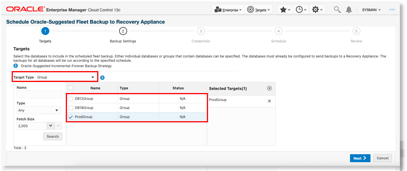 Schedule Backup for a Group of Databases - targets page