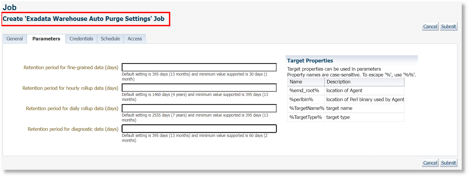 Shows new EM Job type and parameters