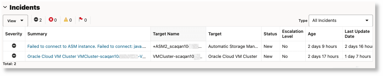 Incidents in Exadata Infrastructure target