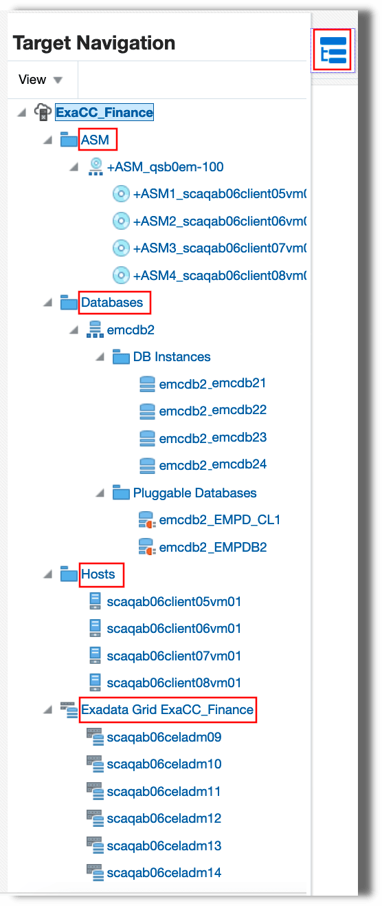 Exadata Cloud target navigation tree Exadata Cloud target navigation tree