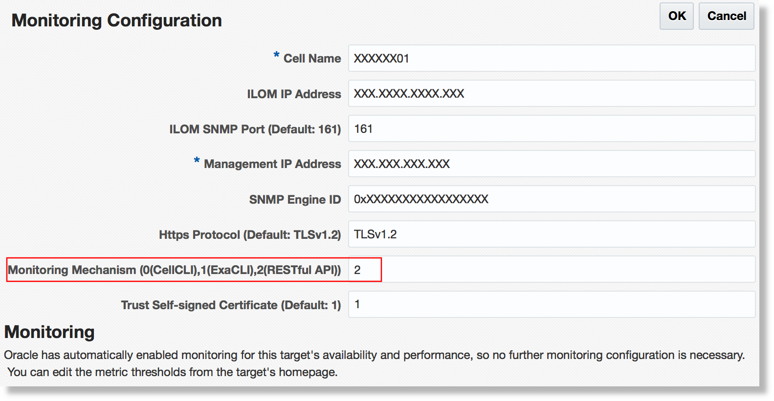 Monitoring Configuration: Set to Monitor Using ExaCLI or RESTful API