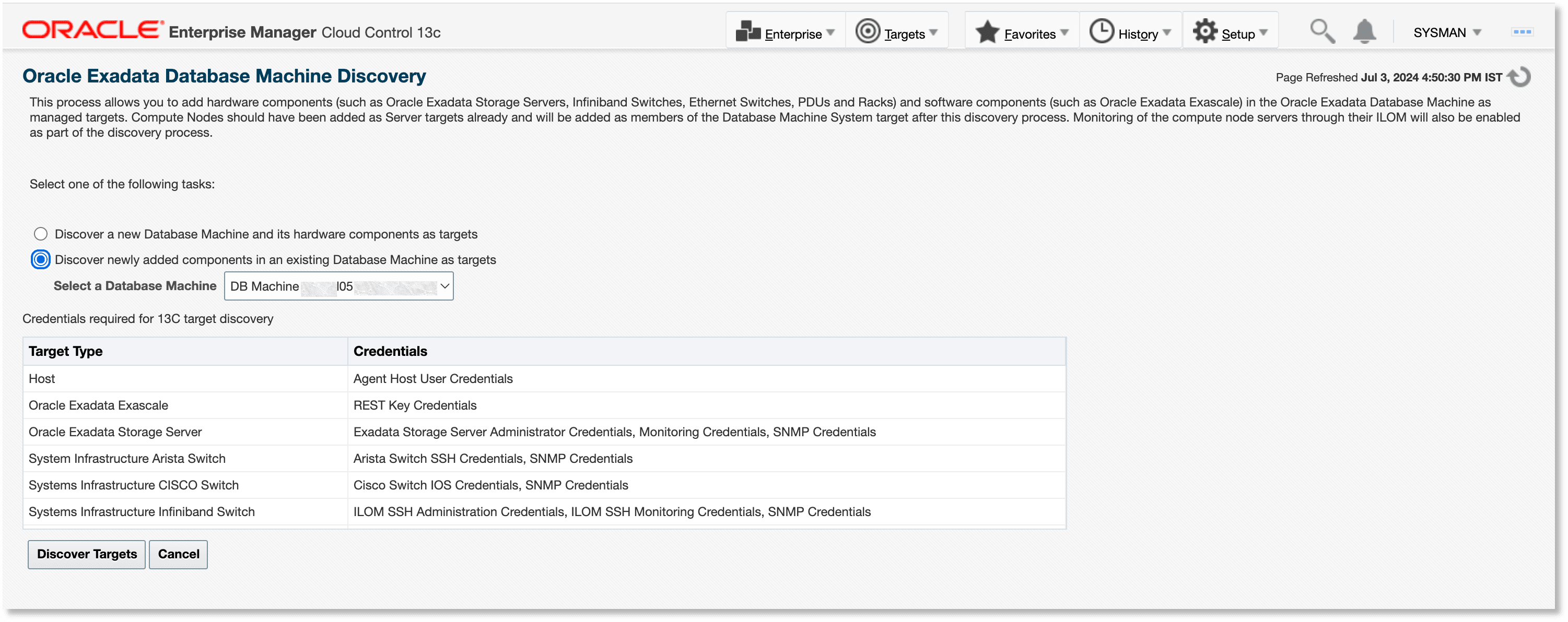 Discover newly added components in an existing Database Machine as targets Discover newly added components in an existing Database Machine as targets
