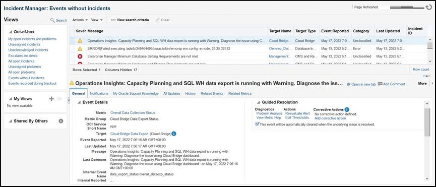 Image shows the event error in Incident Manger.