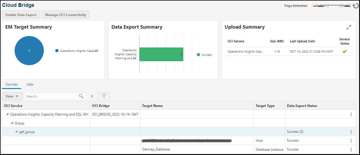 Graphic shows the Manage EM Data for OCI Services dashboard.