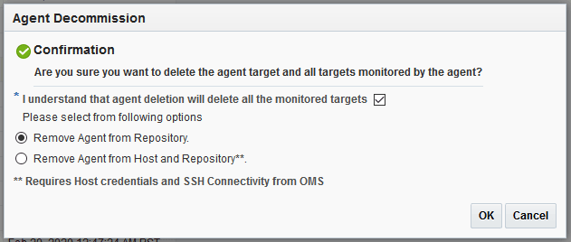 Agent Decommission confirmation window after checking check box Agent Decommission confirmation window after checking check box
