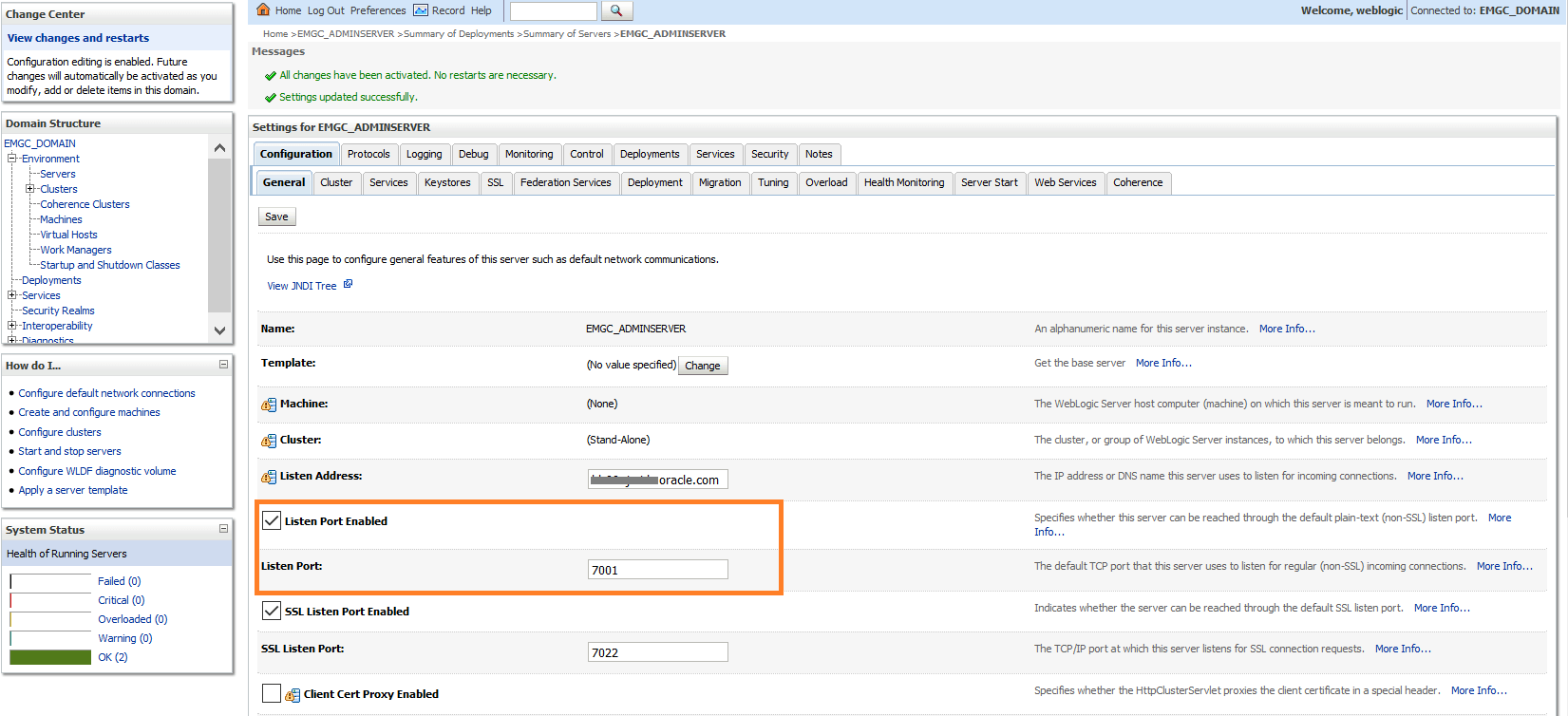 Setting http listen port on the Weblogic Server Administration Console Setting http listen port on the Weblogic Server Administration Console