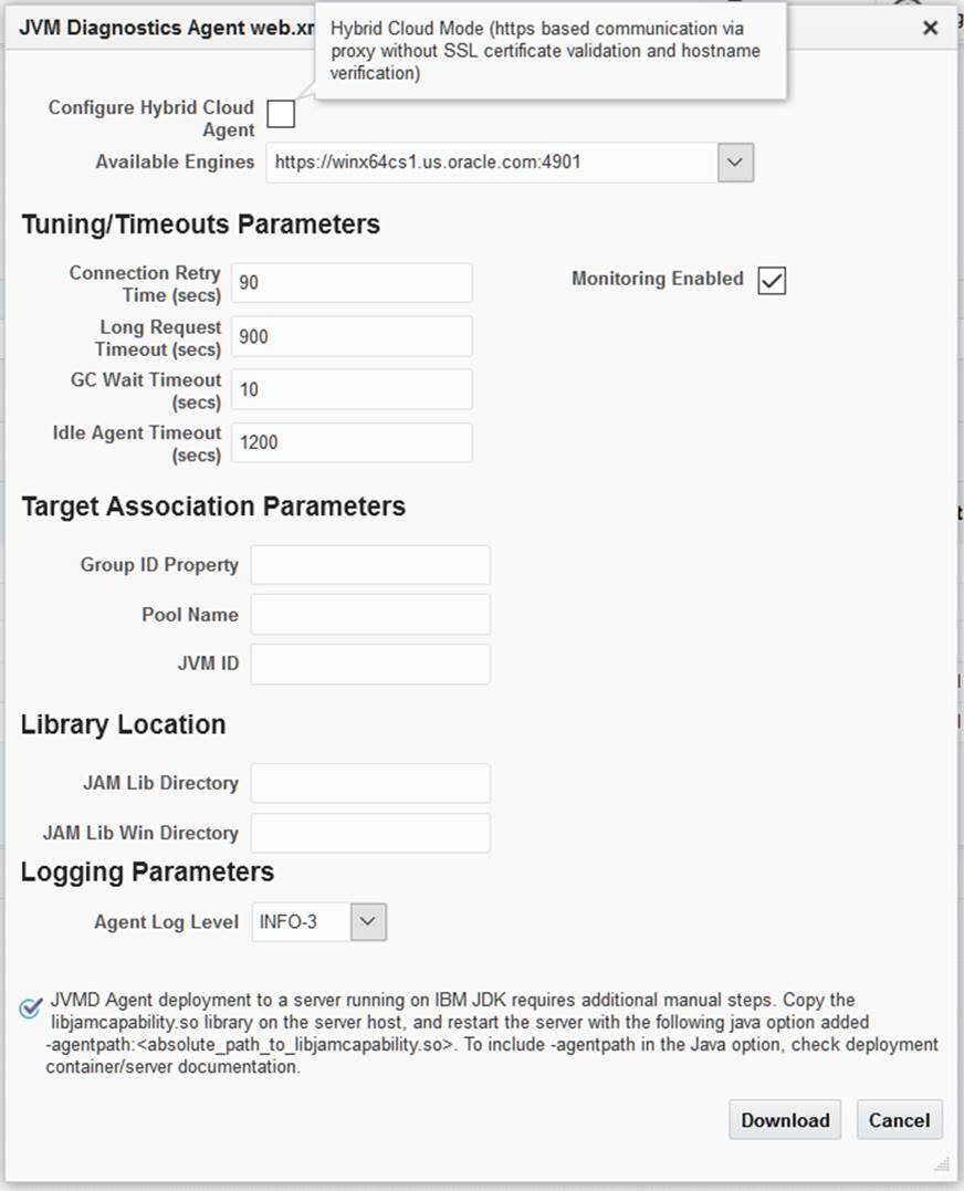 JVM Diagnostics Agent web.xml Parameters dialog box JVM Diagnostics Agent web.xml Parameters dialog box