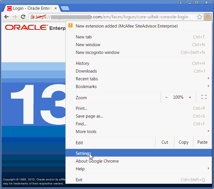 Selecting Settings from the browser menu. Selecting Settings from the browser menu.
