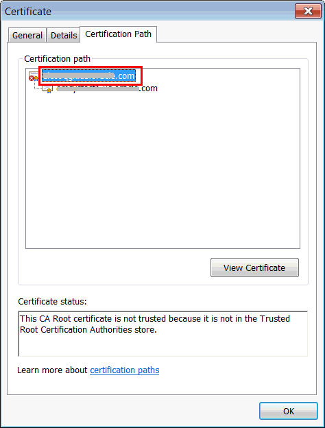 Selecting the root node in the Certificate dialog. Selecting the root node in the Certificate dialog.