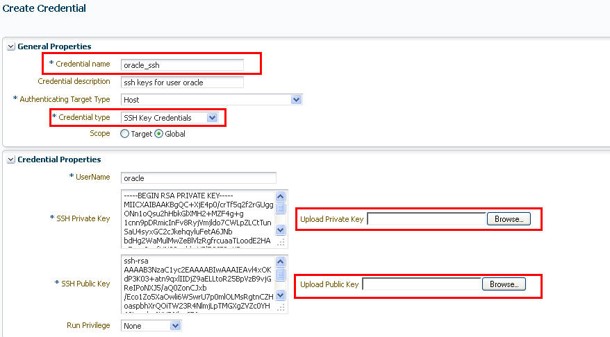 Create Credential Screen to upload SSH Keys to Enterprise Manager Create Credential Screen to upload SSH Keys to Enterprise Manager