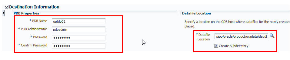 Specifying PDB Properties and Datafile Location