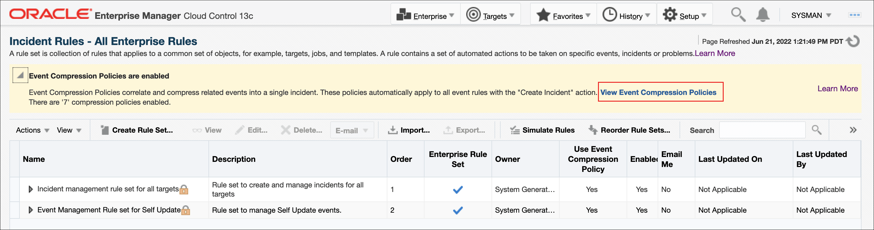Image shows the Incident Rules page with the View Event Compression Policies option highlighted.