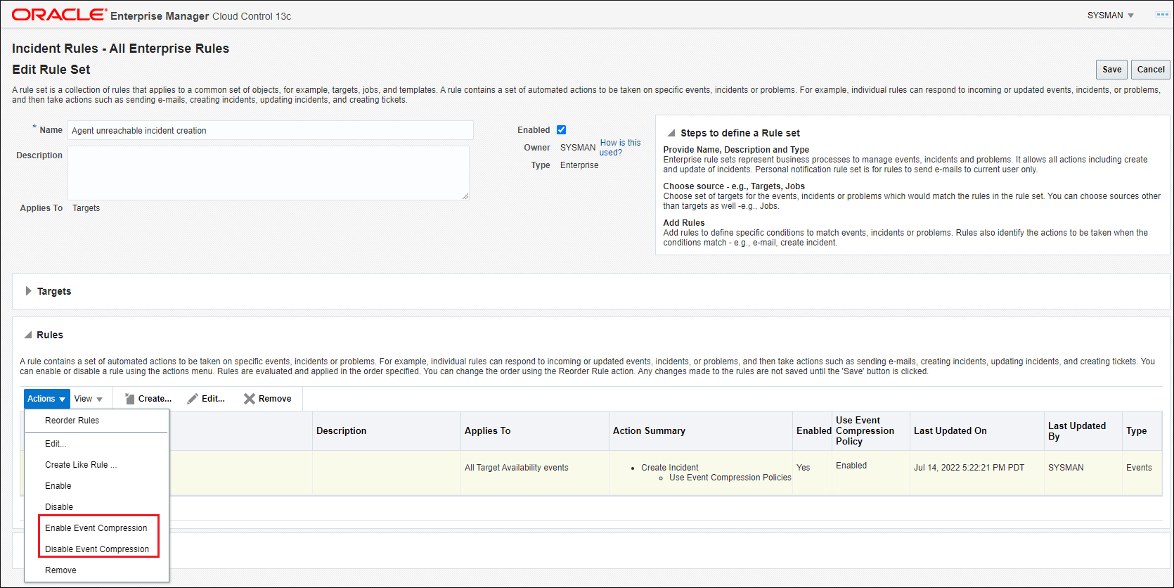 Graphic shows the edit rule set page.