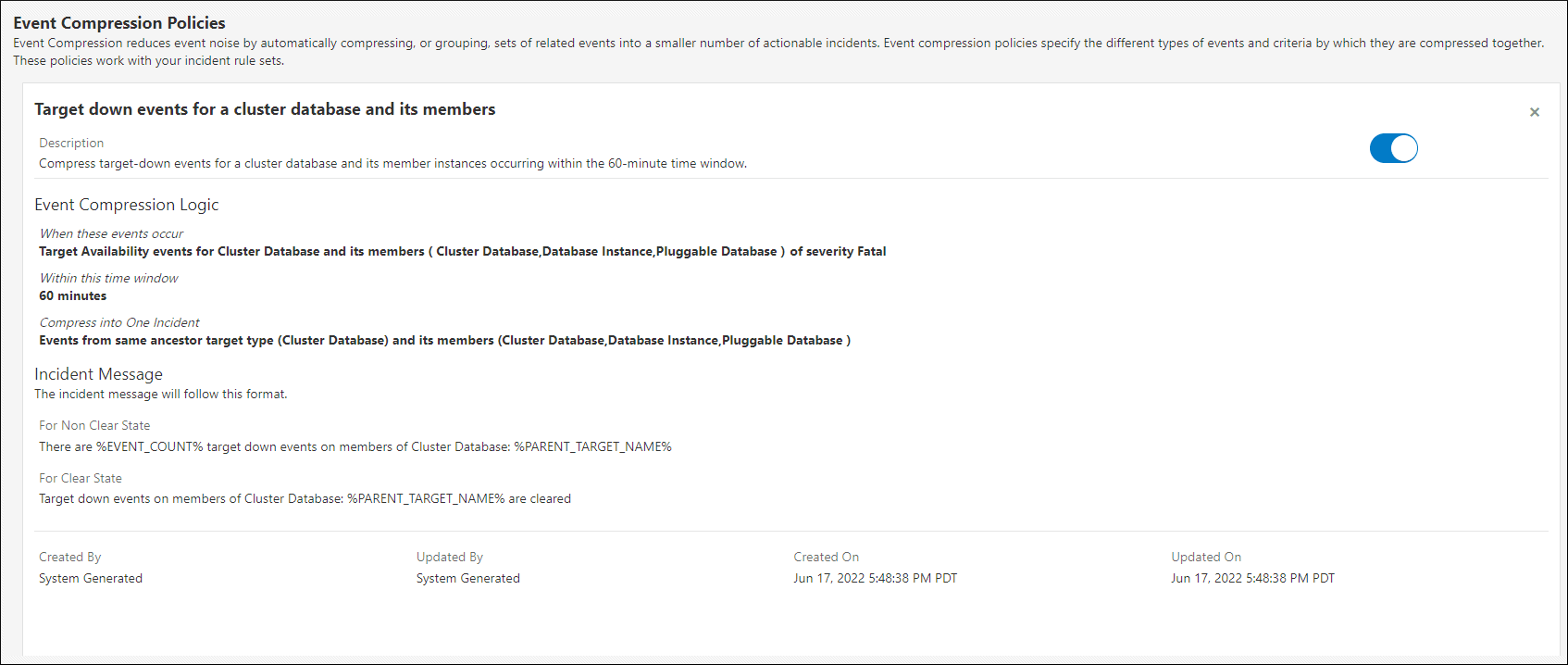 Image shows the Event Compression policy details.