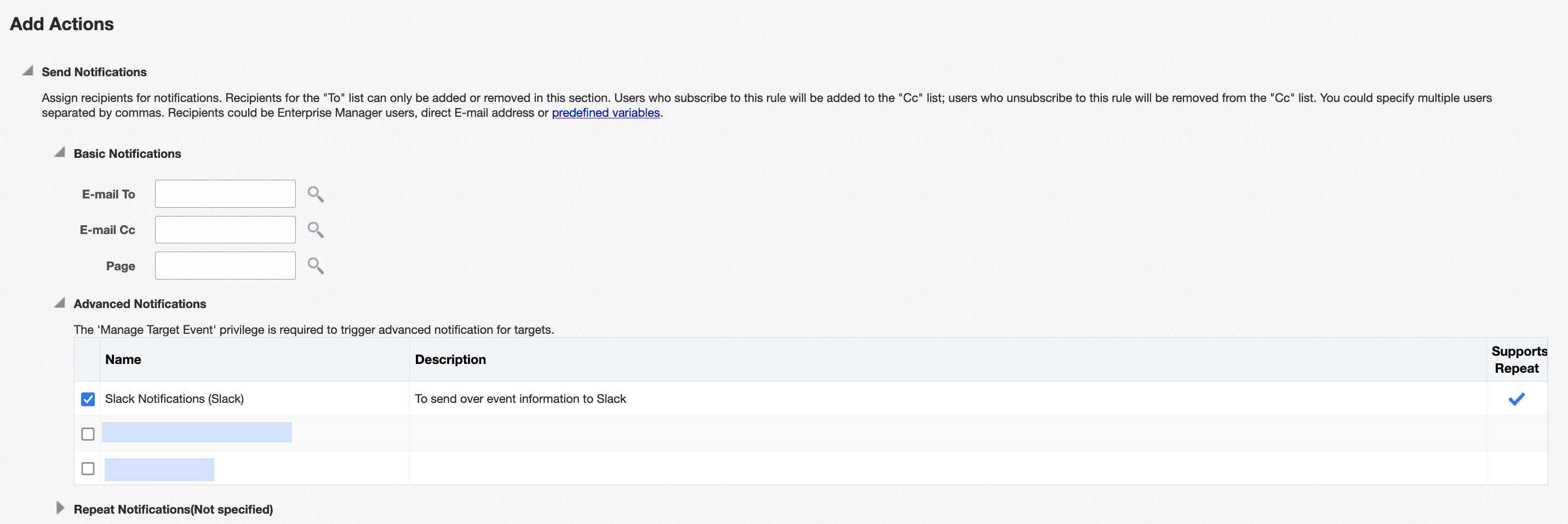 enable notification method in the actions page