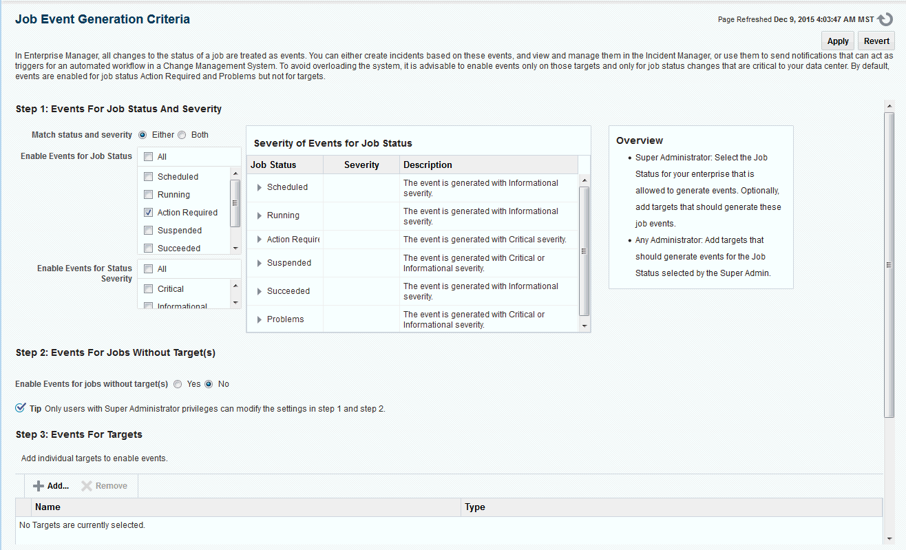Job Event Generation Criteria Page