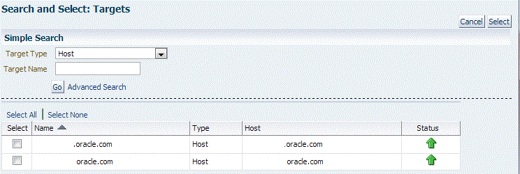 Oracle Home Target Search and Select dialog box