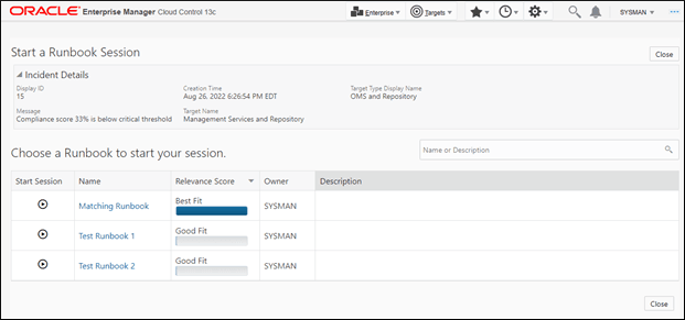Image shows the Start a Runbook Session page for Relevant Runbooks