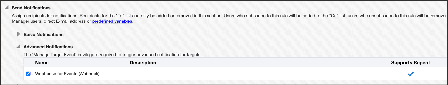 enable notification method in the actions page