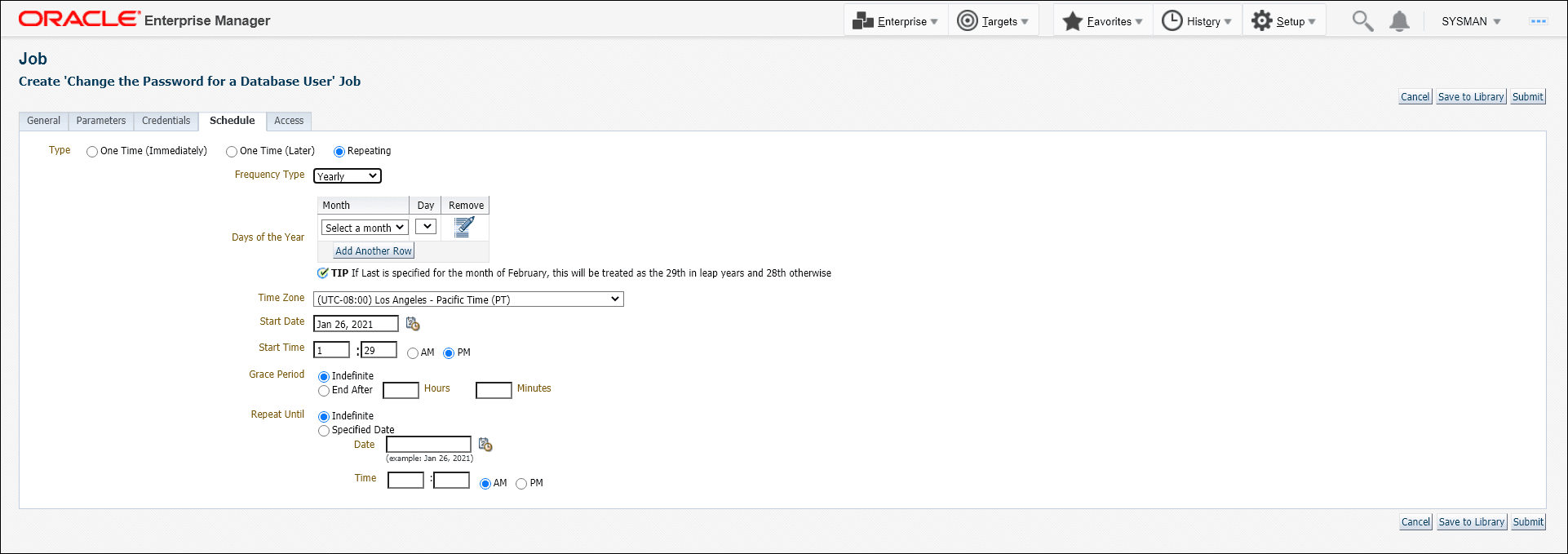 Graphic shows the Job schedule page for the non-dbsnmp user.