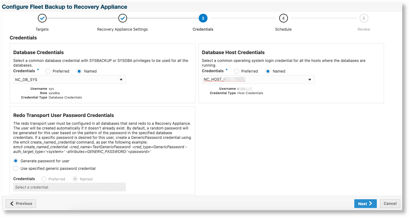 Configure Data Guard Databases to Backup to a Recovery Appliance - credentials page