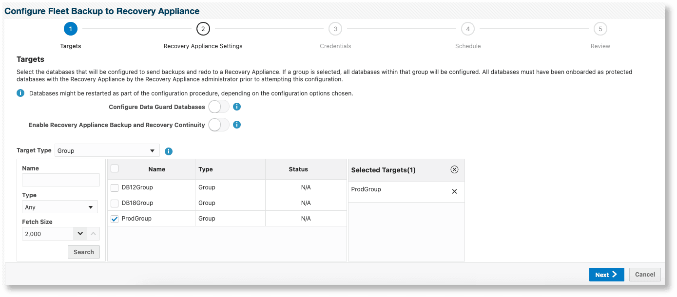 Recurring Configuration of a Group of Databases to Backup to a Recovery Appliance - Targets page