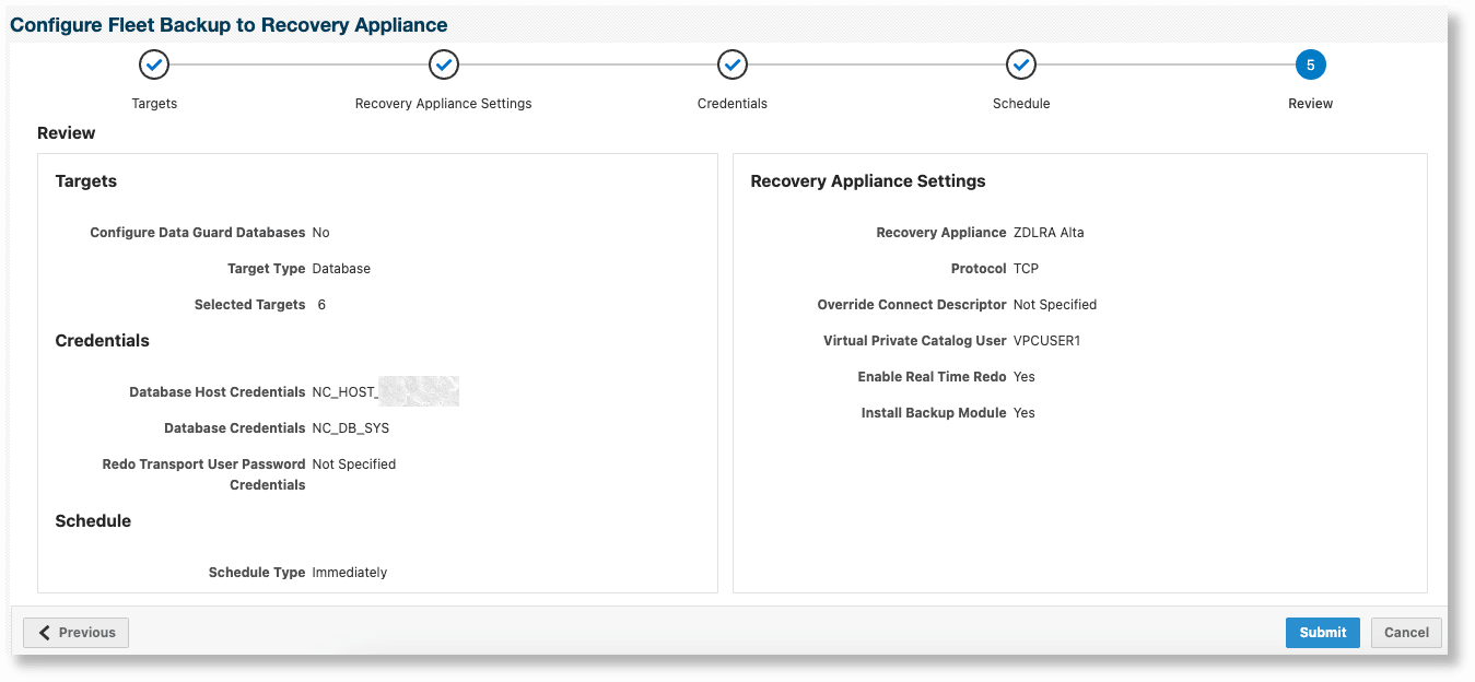 Configure Non-Data Guard Databases to Backup to a Recovery Appliance - Review page