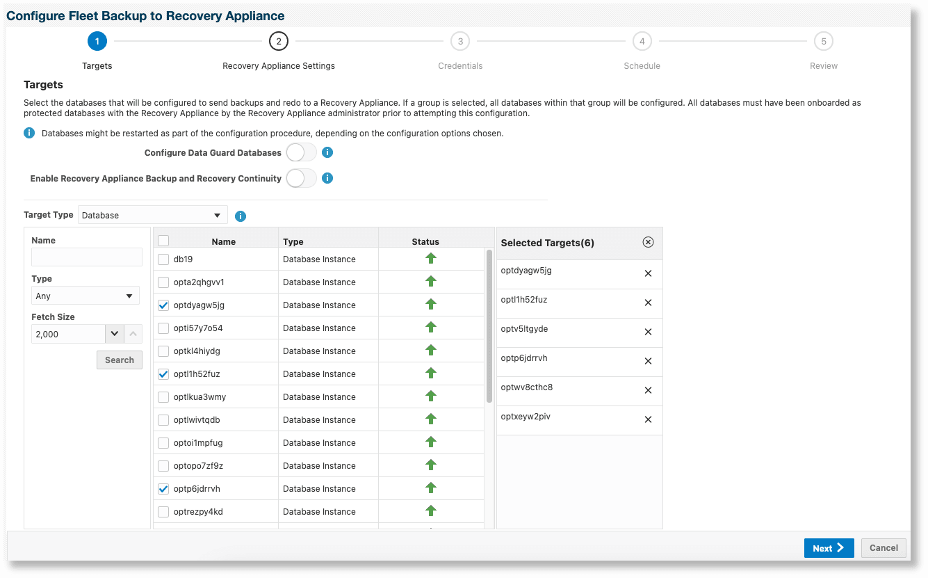 Configure Non-Data Guard Databases to Backup to a Recovery Appliance - Targets page