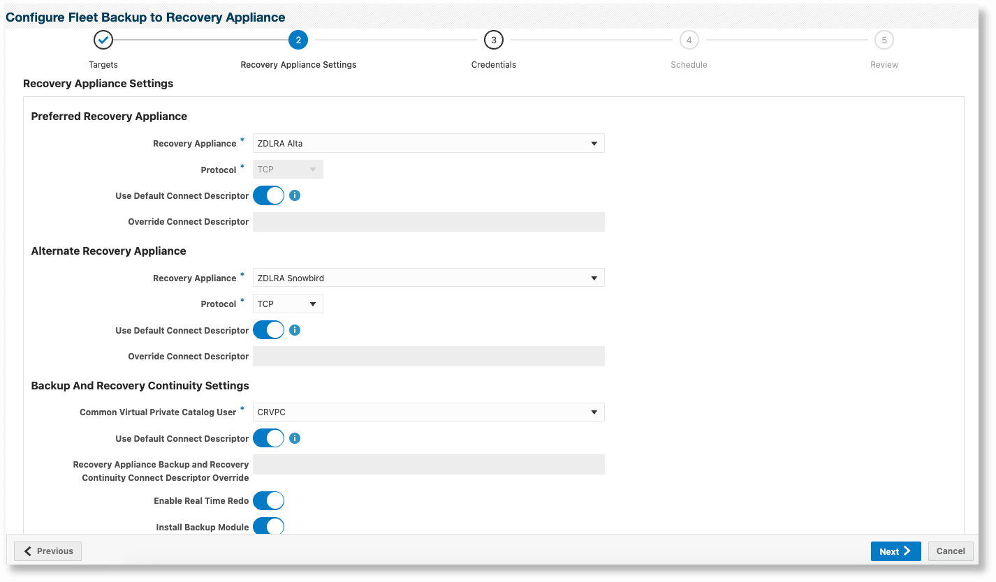 Configure Non-Data Guard Databases for Recovery Appliance Backup and Recovery Continuity - RA settings page