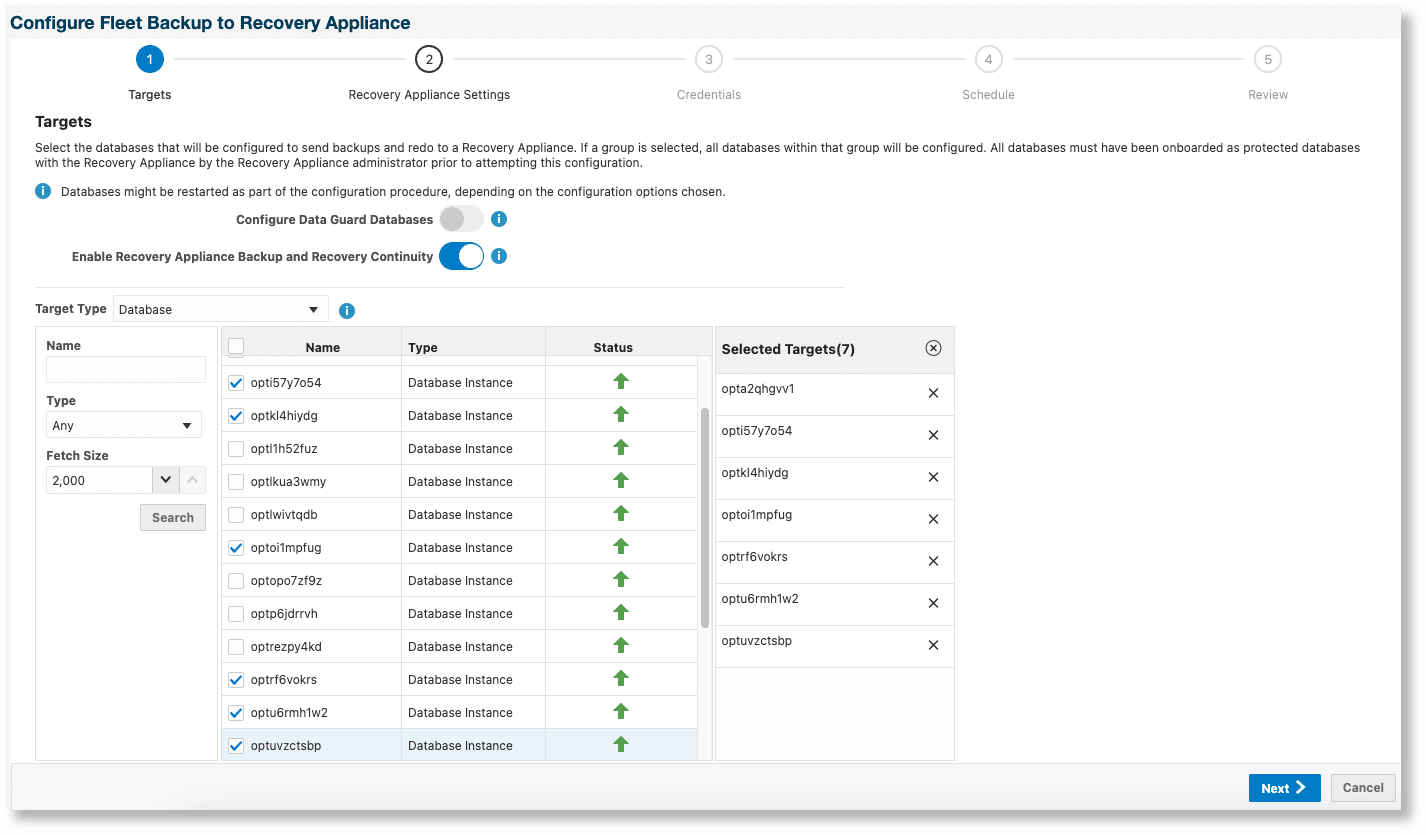 Configure Non-Data Guard Databases for Recovery Appliance Backup and Recovery Continuity - targets page
