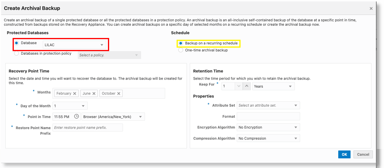 Recurring Archival Backup for a Single Database