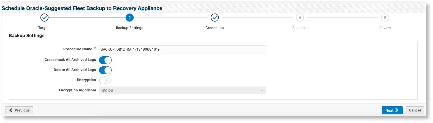 Schedule Backup for Individual Databases - Backup settings page