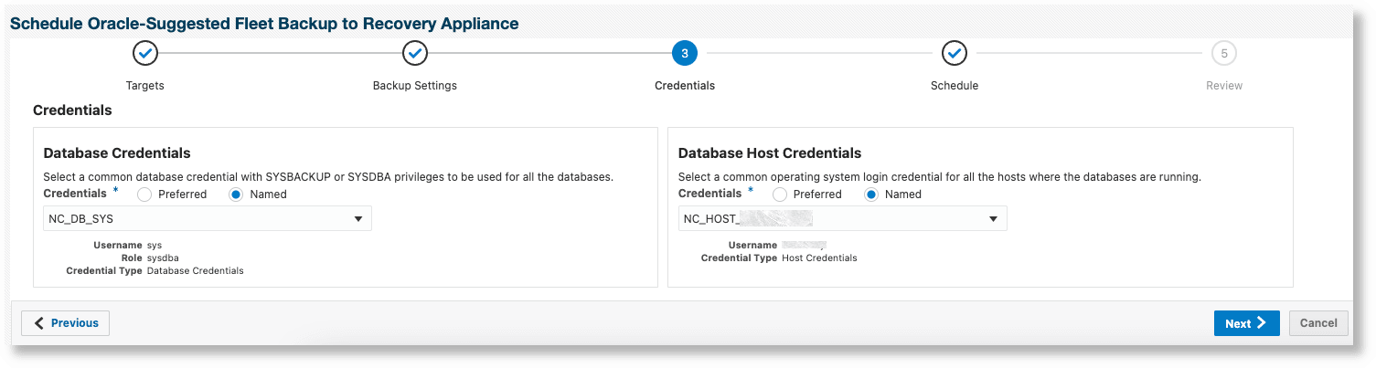 Schedule Backup for Individual Databases - credentials page