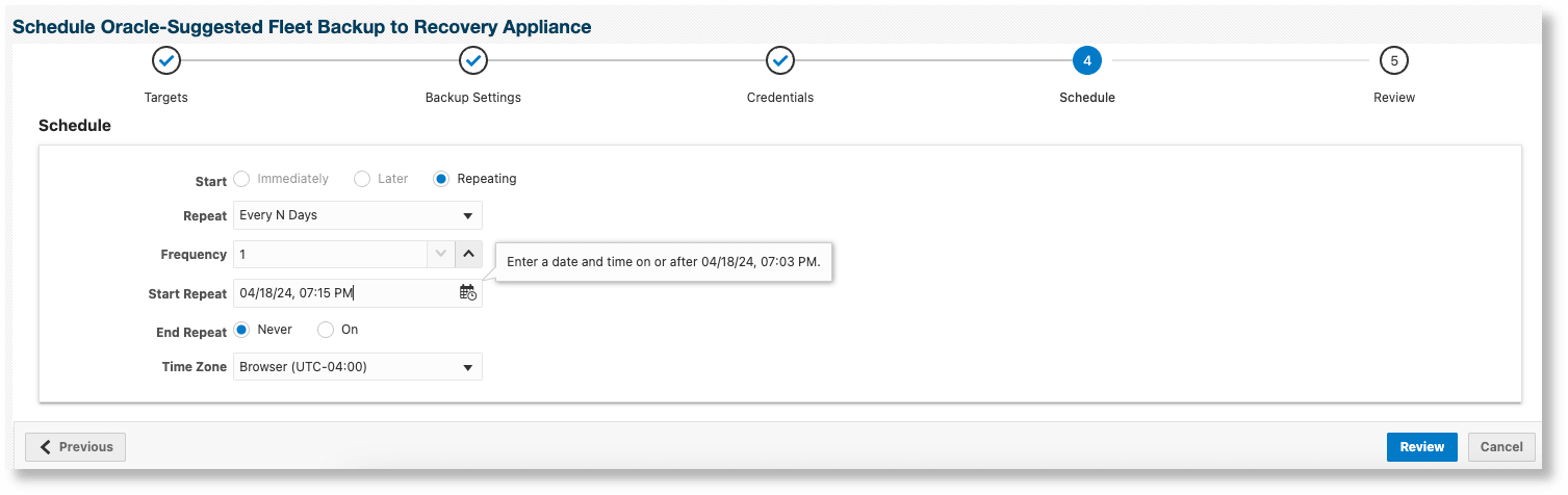 Schedule Backup for Individual Databases - schedule page