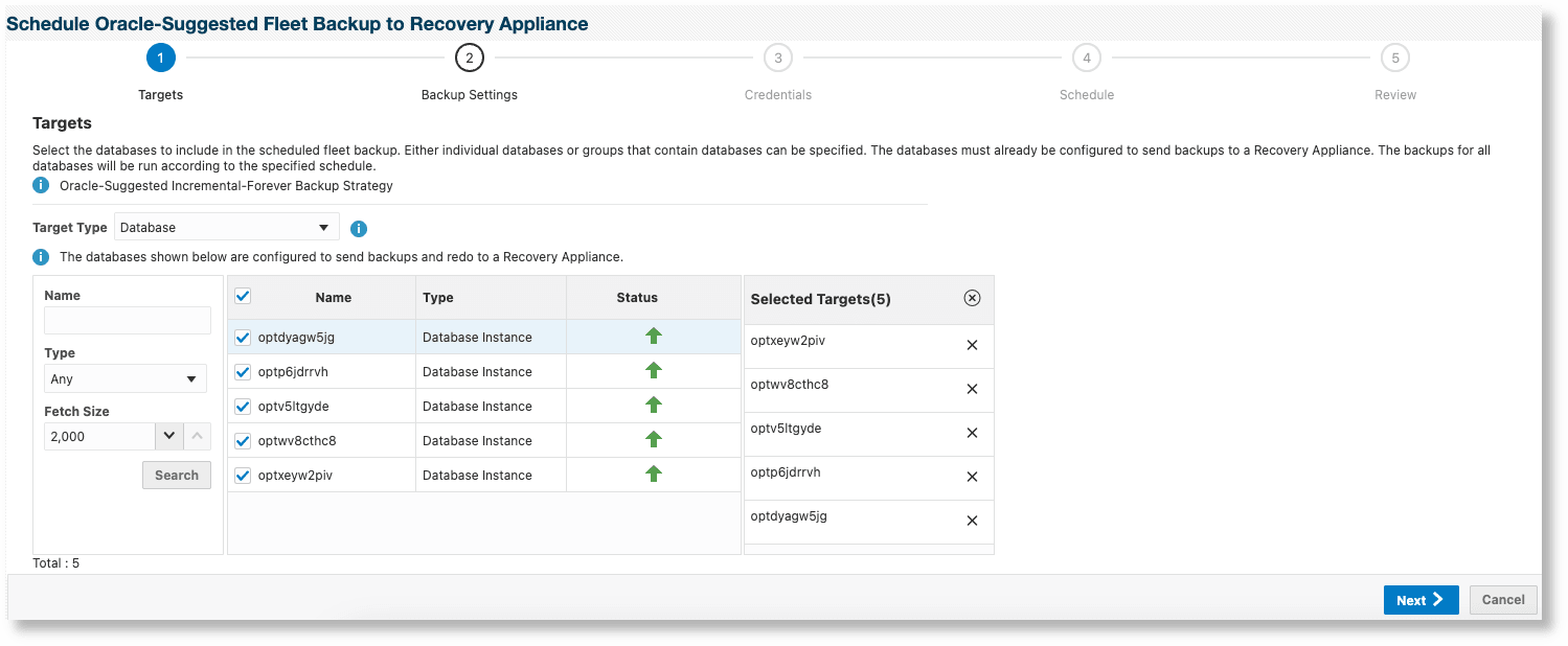 Schedule Backup for Individual Databases - Targets page
