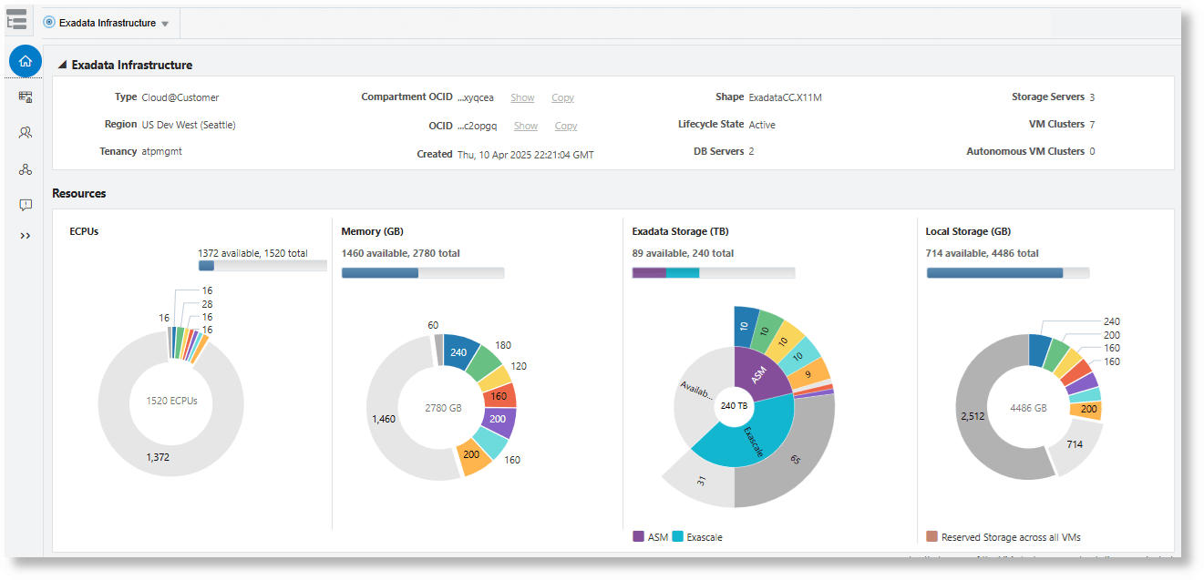 Home page of ExaCS target with multiple VM clusters