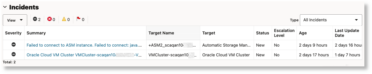 Incidents in Exadata Infrastructure target Incidents in Exadata Infrastructure target
