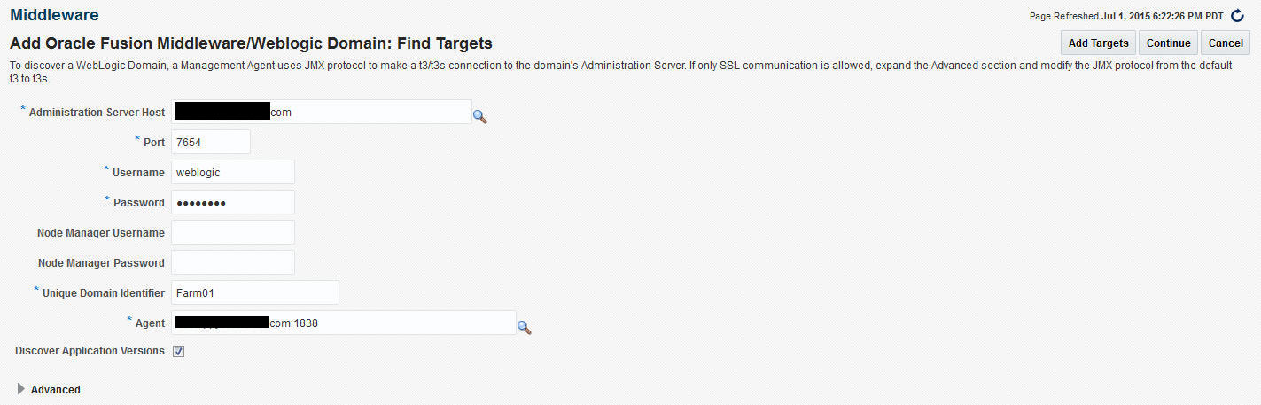 Add Oracle Fusion Middleware / WebLogic Domain: Find Targets Add Oracle Fusion Middleware / WebLogic Domain: Find Targets