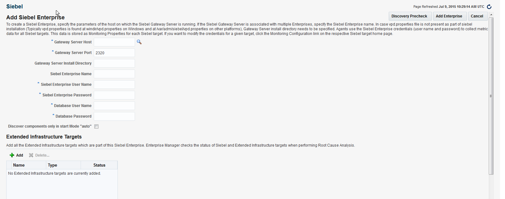 Add Siebel Enterprise page Add Siebel Enterprise page