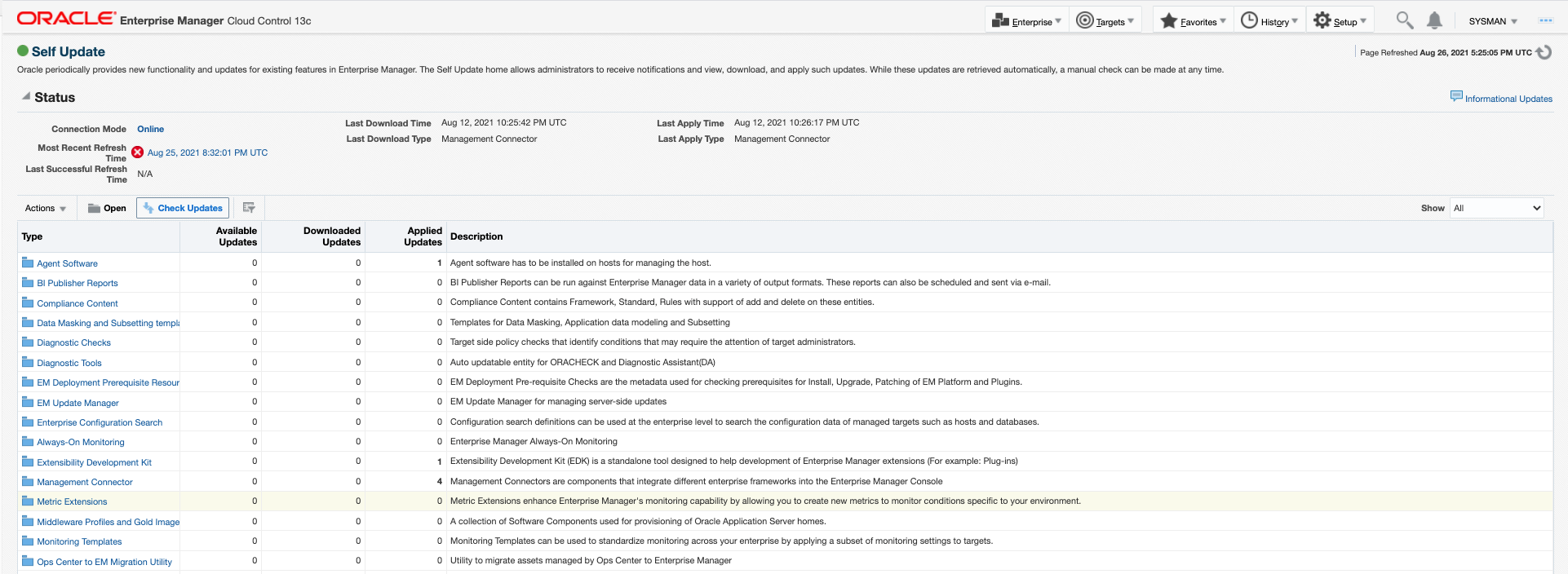 Image shows Self Update page of Enterprise Manager.