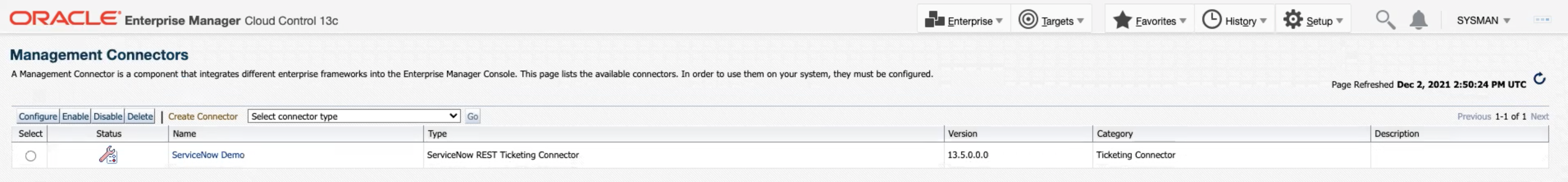 ServiceNow Management Connectors Page