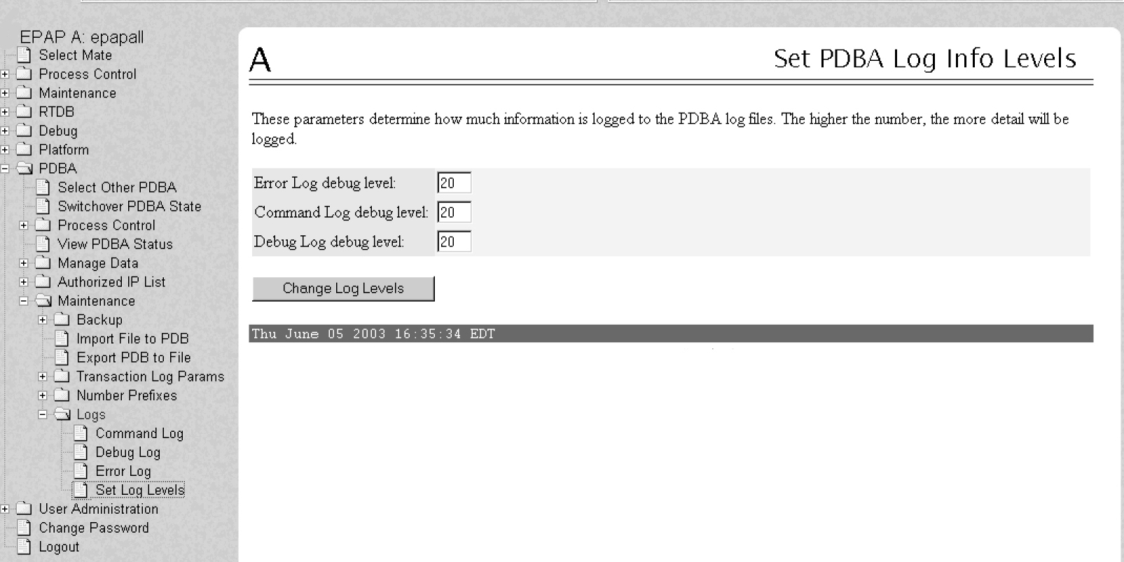 Set PDBA Log Info Levels