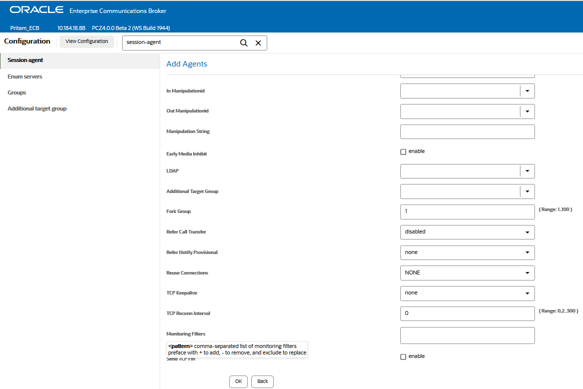 This screen capture shows the Monitoring Filters dialog that the system displays after you click Add in the SIP monitoring dialog.