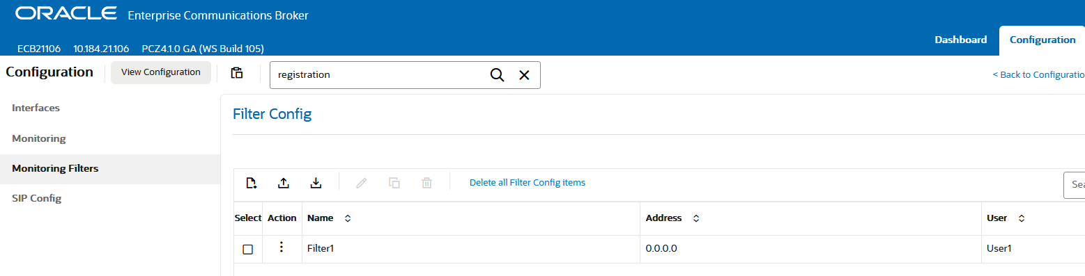 This screen capture shows the navigation pane of the Configuration tab, with the Monitoring Filters object highlighted, and displaying the filter config dialog.